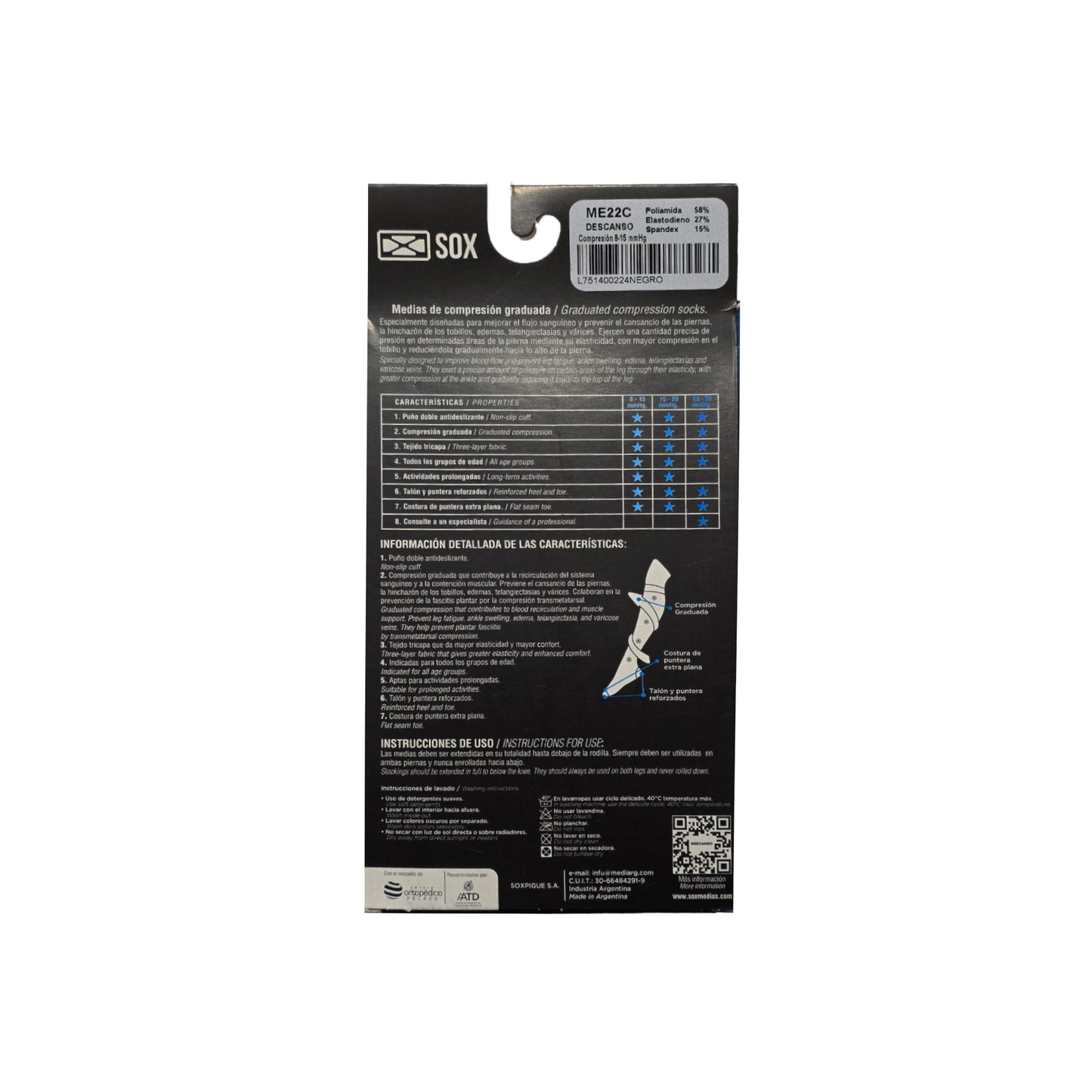 Medias Sox Descanso 20-30 mmHg Compresión Fuerte Unisex Negro